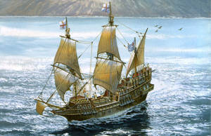 Pelikanen - eller Den gyllene hinden som den senare bytte namn till. Poster från SM&S Naval Prints, Inc.