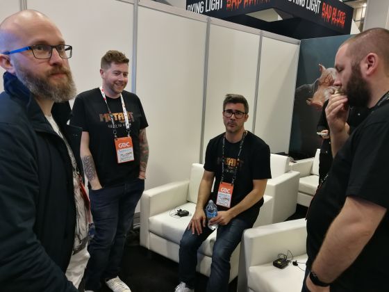 Ulf Andersson, Mark Parker, David Skarin och Lee Varley pustar ut mellan medievisningarna av Mutant Year Zero: Road to Eden.
